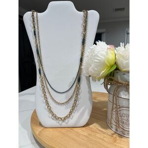 Vintage long Necklace multi strand gold colored and‎ green